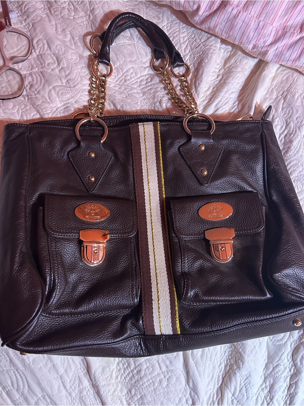 Dark Brown Leather Tote with Striped Detail and Gold Hardware